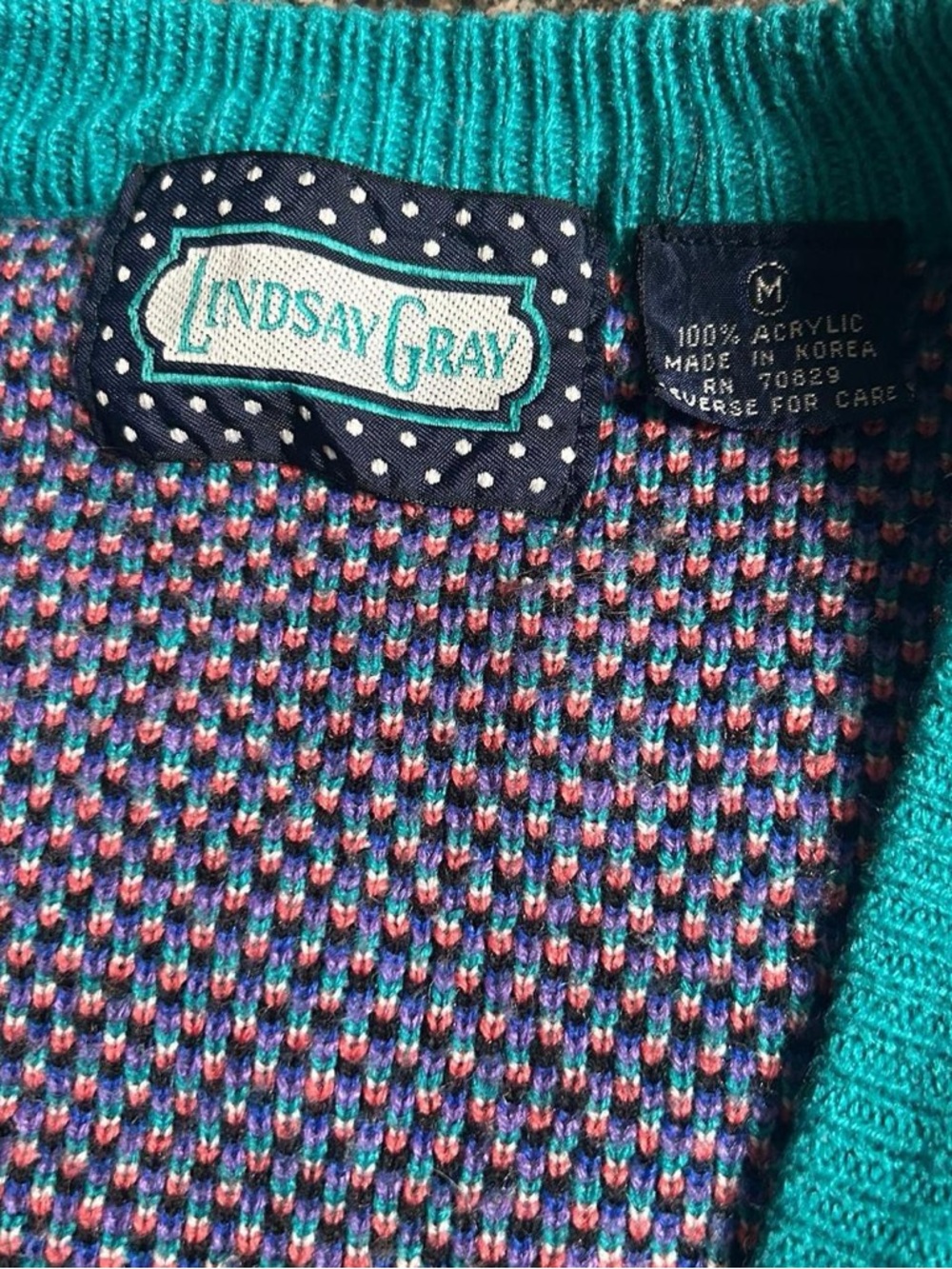 Lindsay Gray Multicolor Knit Cardigan with Teal Trim - Picture 2 of 4
